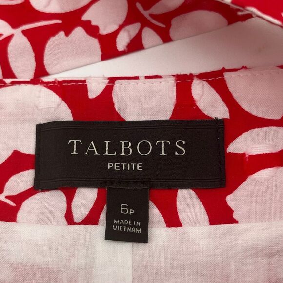 TALBOTS Midi Skirt 6P Red White Floral Print Cotton Lined A-Line Tie Textured - Picture 6 of 13
